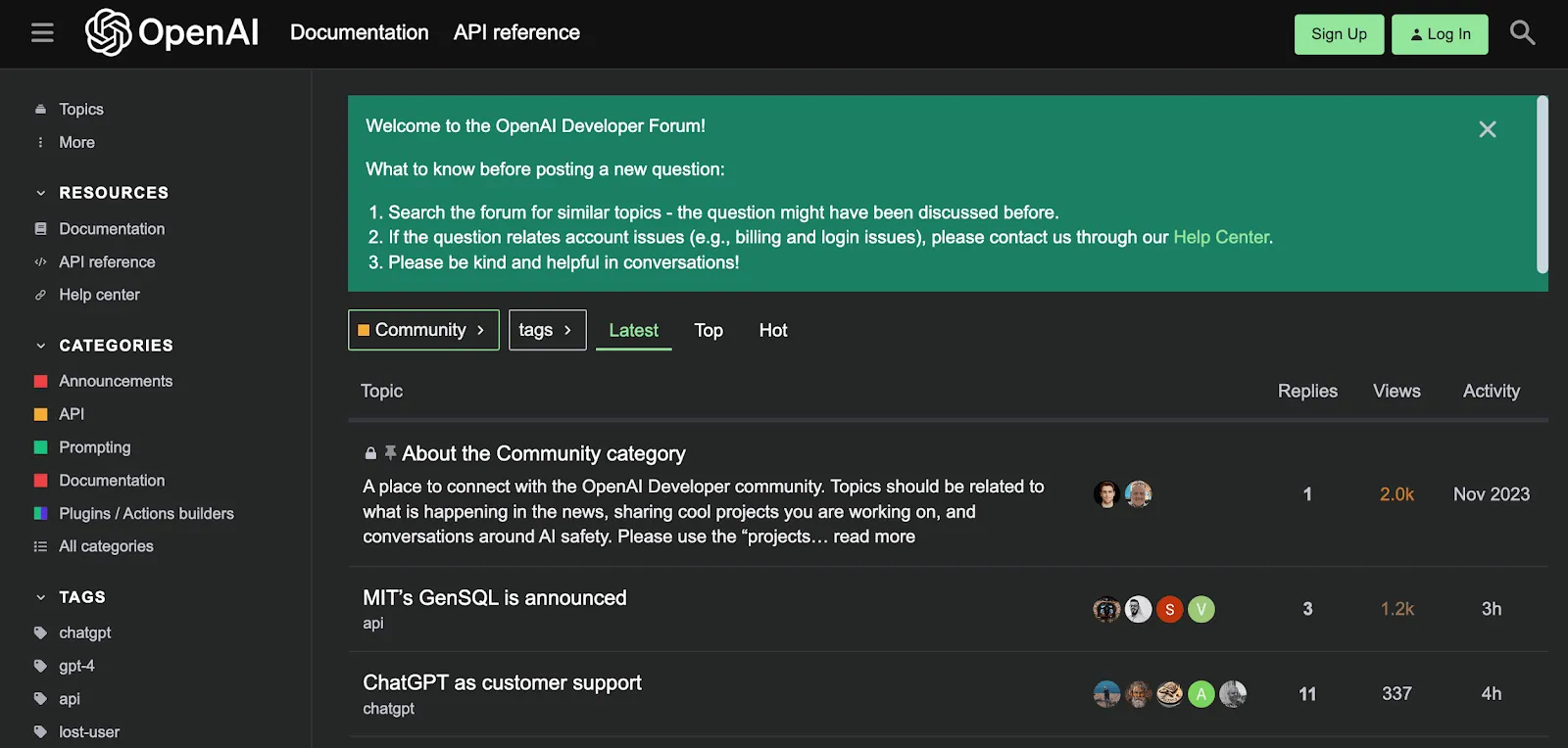 OpenAI Community Forum est une communauté de développeurs destinée aux fans et aux utilisateurs d'OpenAI.