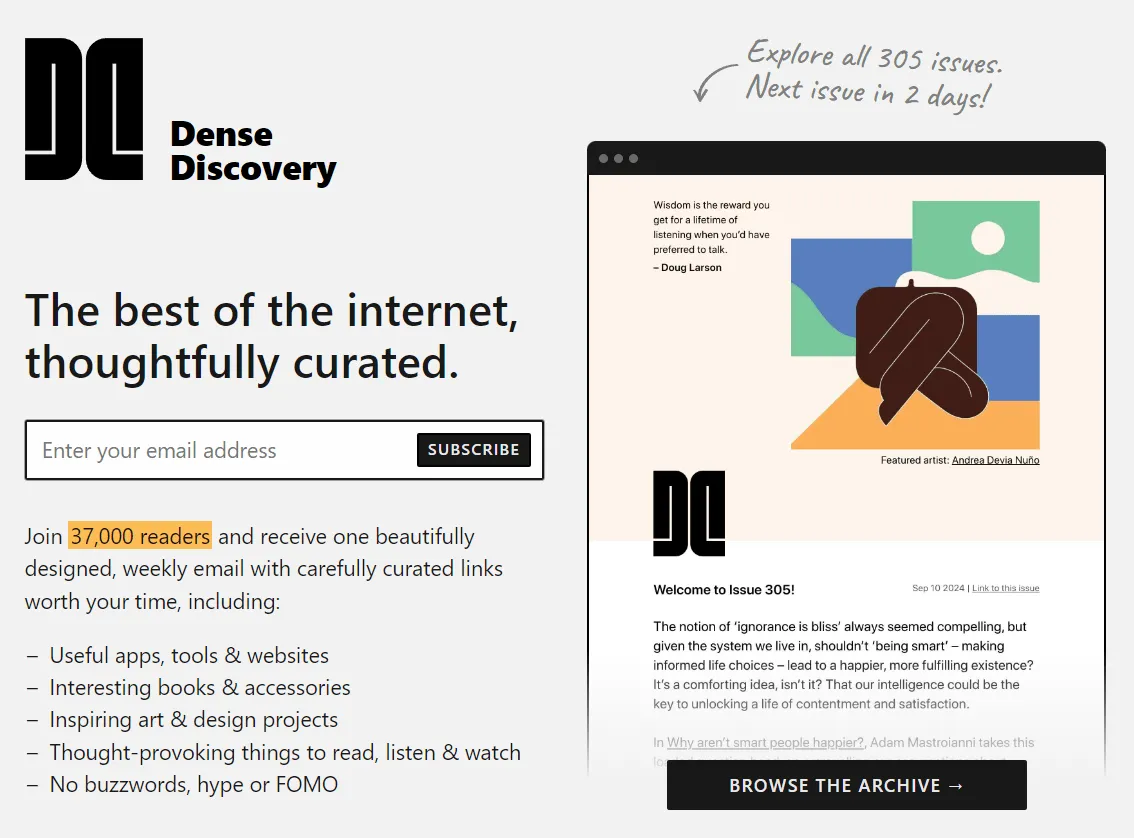 Ảnh chụp màn hình trang chủ của bản tin công nghệ Dense Discovery