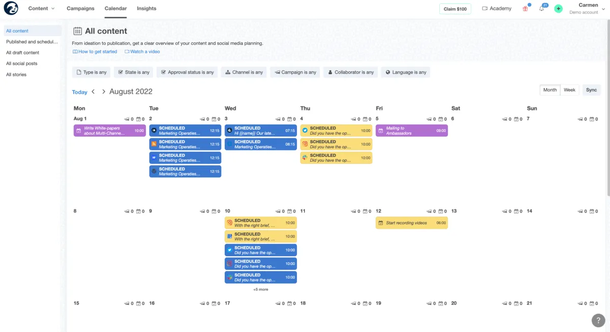 Ejemplo de vista de calendario de StoryChief