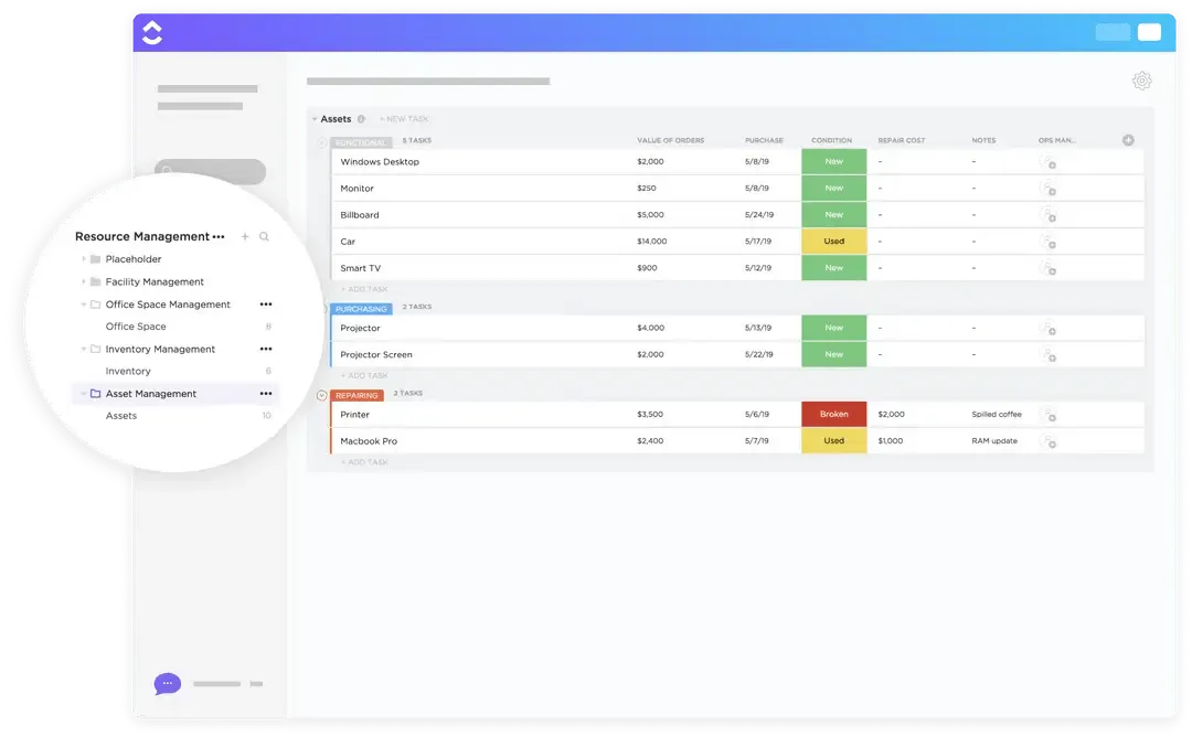 Die Asset-Management-Vorlage von ClickUp wurde entwickelt, um Ihnen dabei zu helfen, die Nachverfolgung der Assets Ihres Unternehmens zu übernehmen.