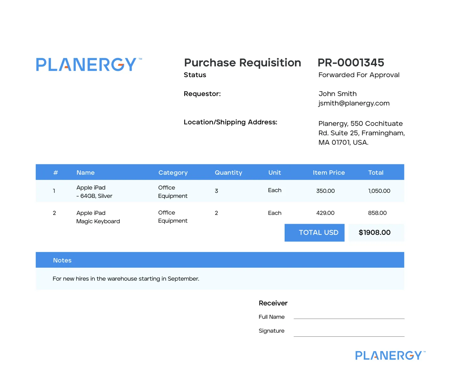 Planergy の購入依頼フォームテンプレート