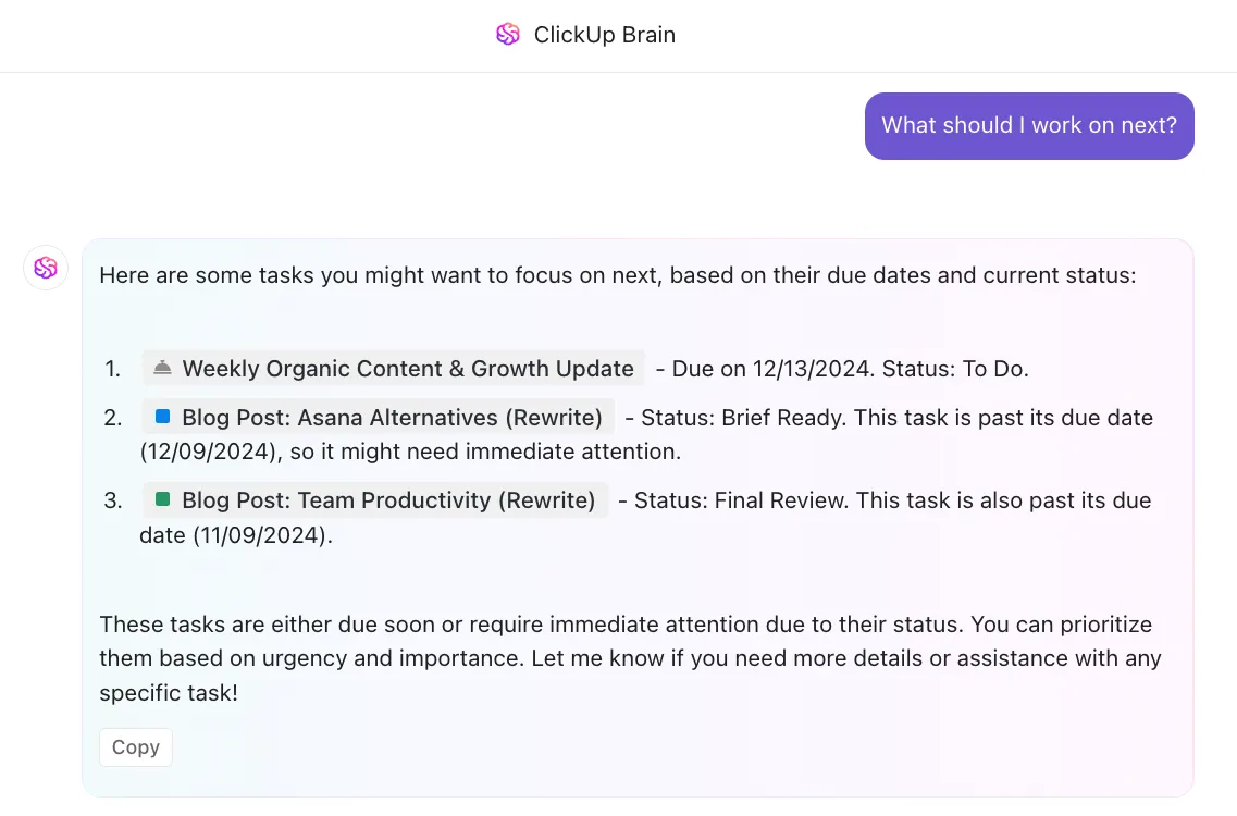 ClickUp Brain : Sunsama vs ClickUp
