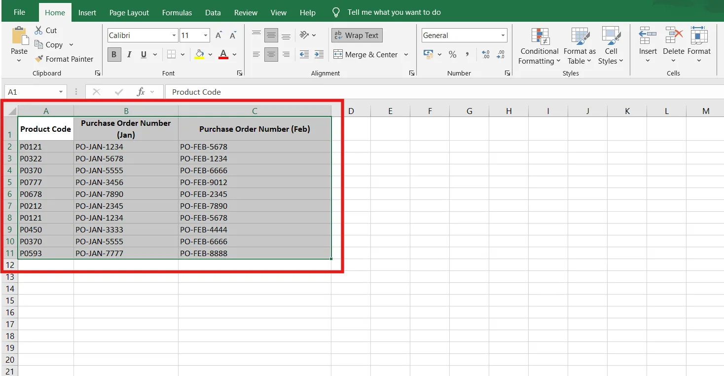 วิธีค้นหาข้อมูลซ้ำใน Excel - เลือกช่วงข้อมูล
