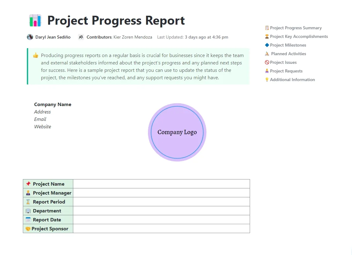 Modèle de rapport d'avancement de projet ClickUp