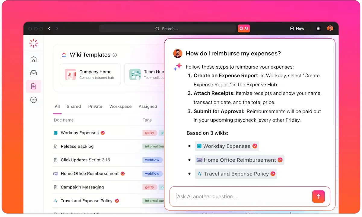 ClickUp Docs avec ClickUp Brain : modèles de FAQ