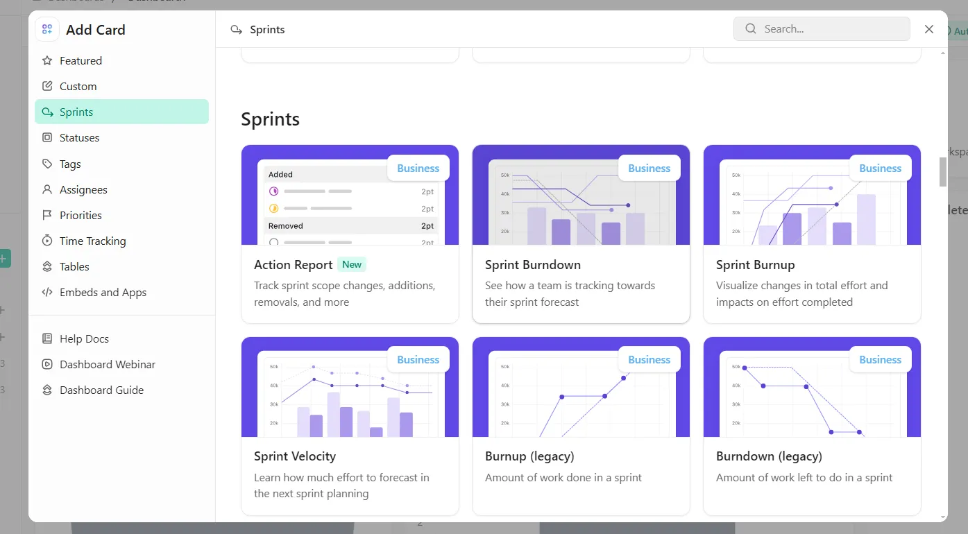 Vízesésdiagram készítése a ClickUp Dashboards alkalmazásban