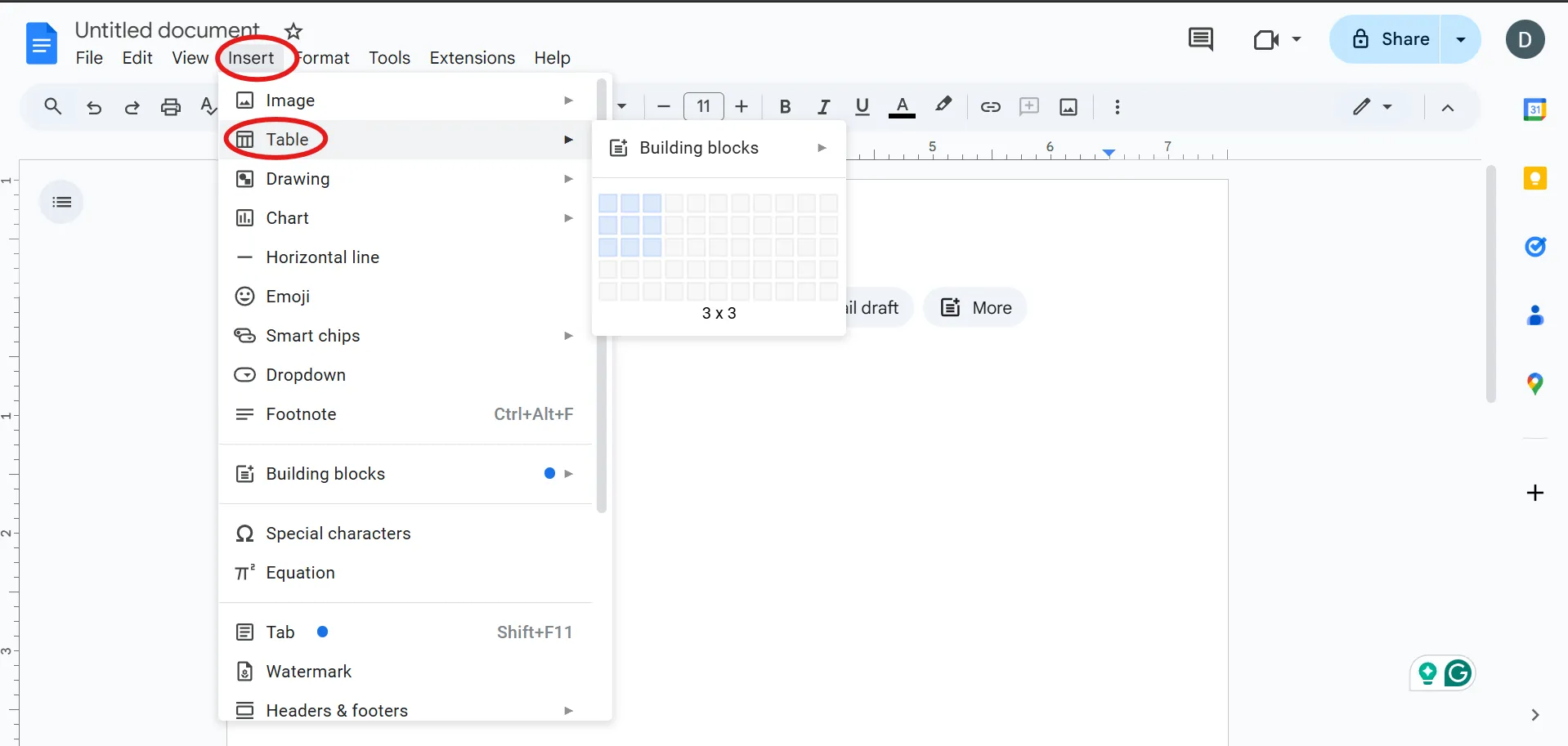 Klikněte na Vložit > Tabulka a vytvořte mřížku_Jak vytvořit grafický organizér v Google Docs