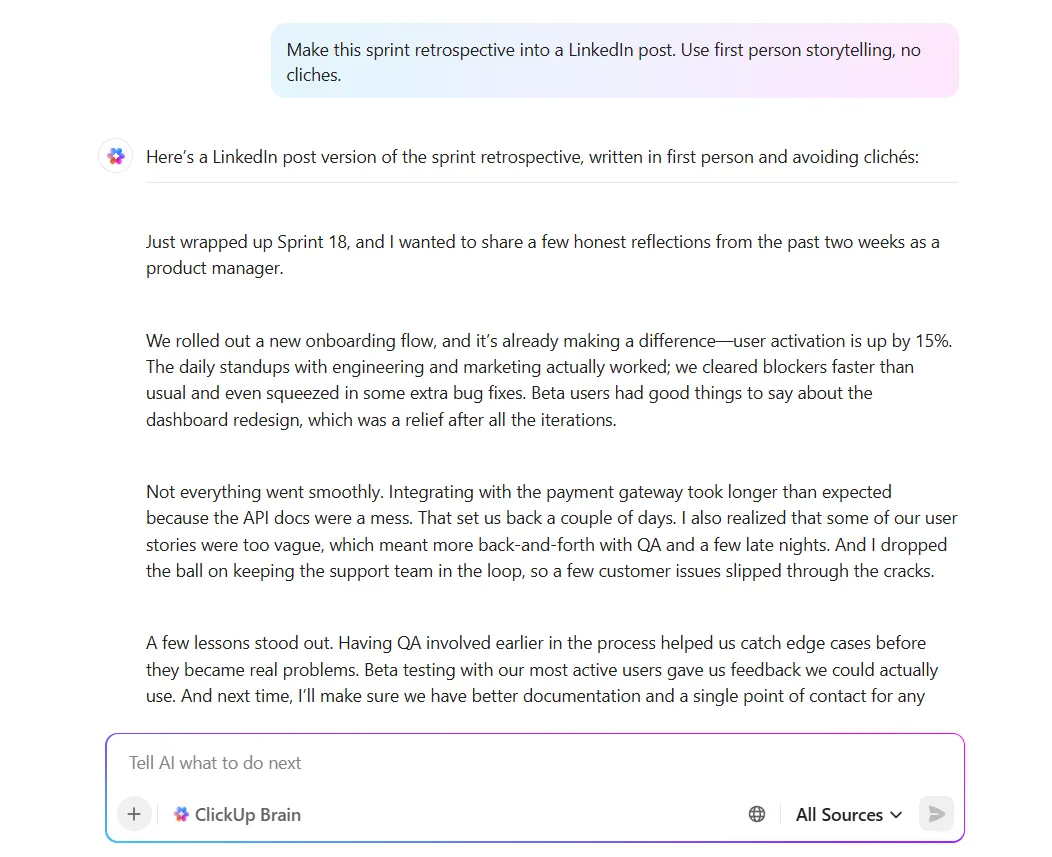 ClickUp Brain: Növelje LinkedIn személyes márkáját termékmenedzserként, és írjon bejegyzéseket AI segítségével.