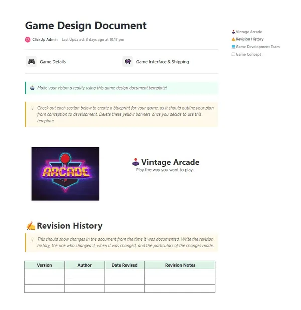 Modèle de document de conception de jeu ClickUp