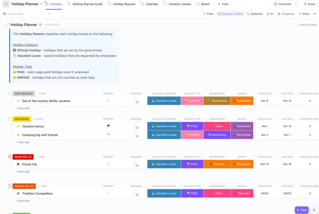 Modello di agenda per le vacanze ClickUp