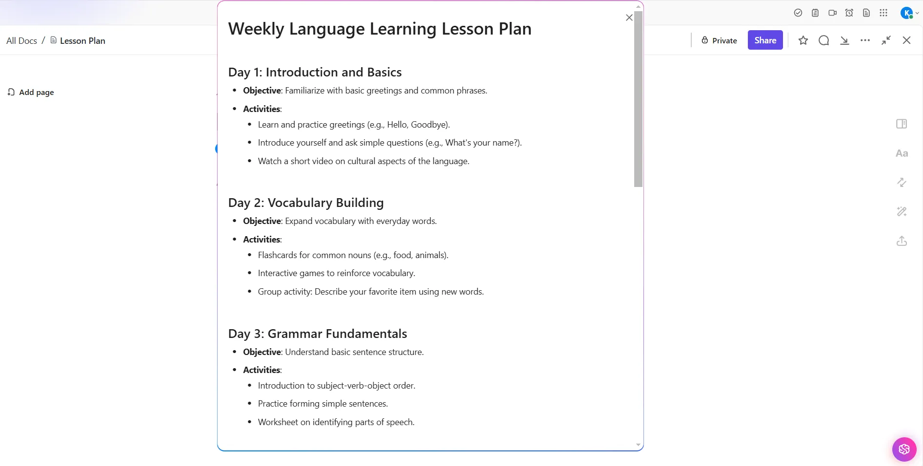 ClickUp Brain: Plan de clases de idiomas en documentos