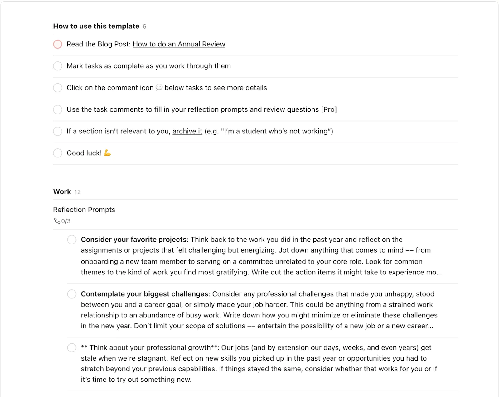 แม่แบบการทบทวนประจำปี: แม่แบบของ todoist