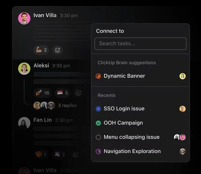 Use o ClickUp Chat para vincular tarefas, documentos e bate-papos.