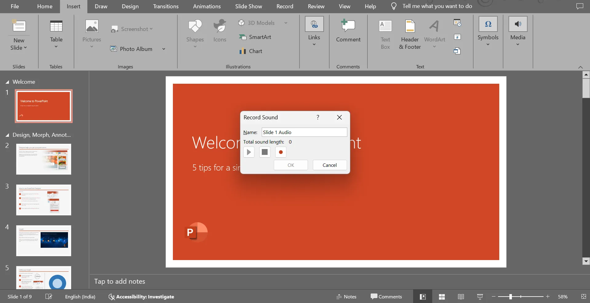 Uma caixa de diálogo será exibida, solicitando que você nomeie sua gravação. : como adicionar narração ao PowerPoint