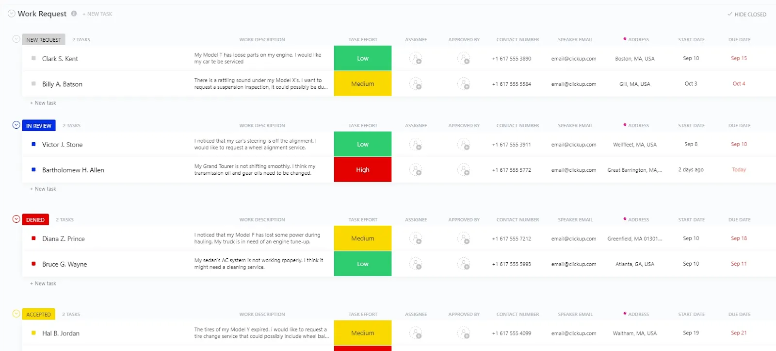 Modelo de solicitação de trabalho do ClickUp