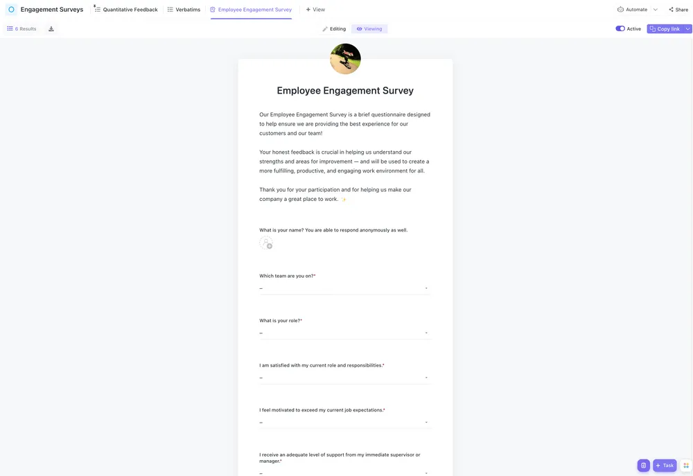 Modèle de sondage sur l'engagement des employés ClickUp