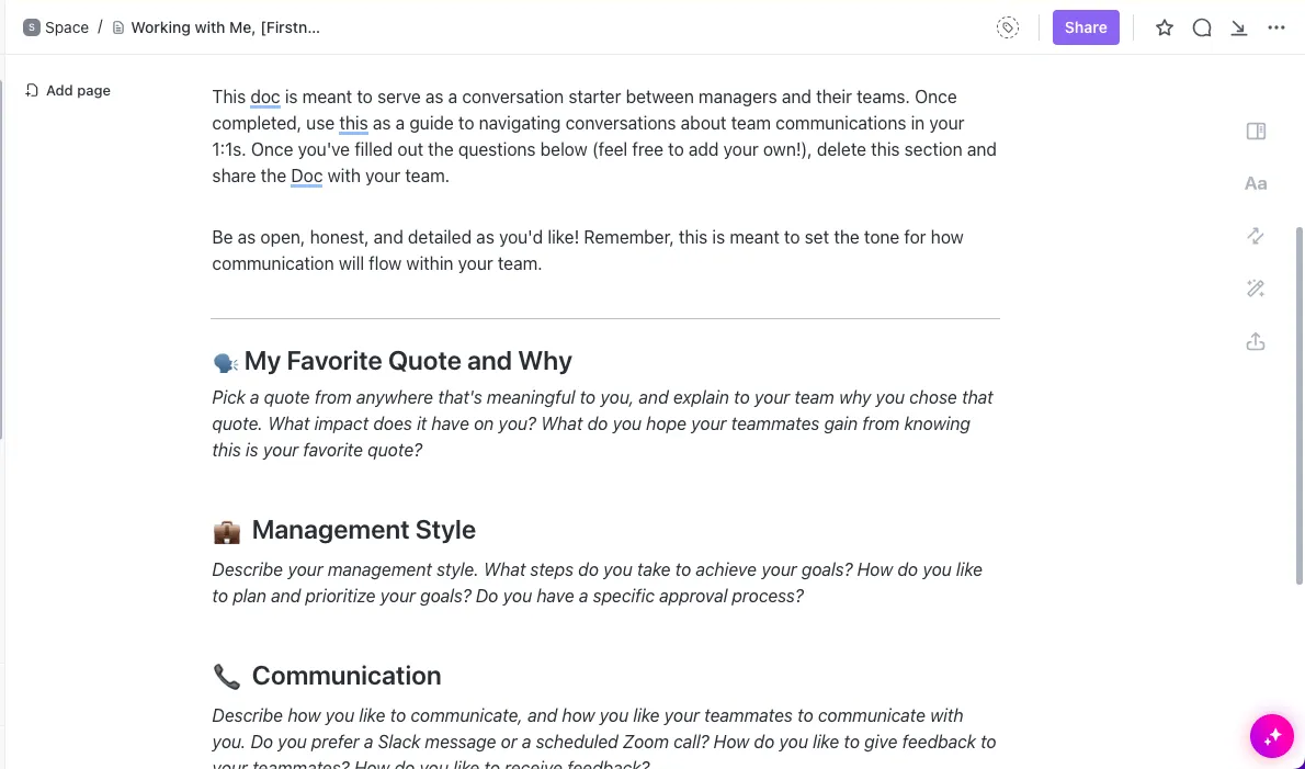 Informe sua equipe sobre suas preferências de estilo de trabalho com o modelo “Trabalhando comigo [Gerente]” do ClickUp