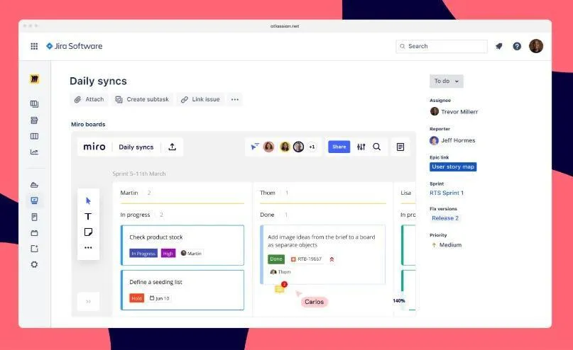 Adjunta tableros de Miro a los problemas de Jira para contextualizar los proyectos y permitir que tus compañeros de equipo vean el panorama completo.