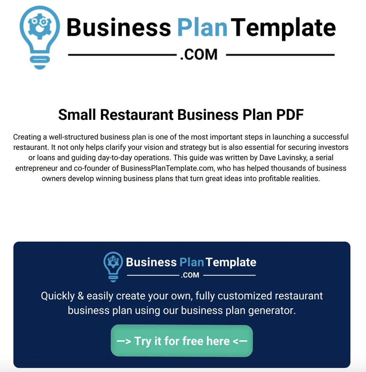 Mẫu kế hoạch kinh doanh nhà hàng: Mẫu kế hoạch kinh doanh nhà hàng nhỏ PDF của BusinessPlanTemplate.com