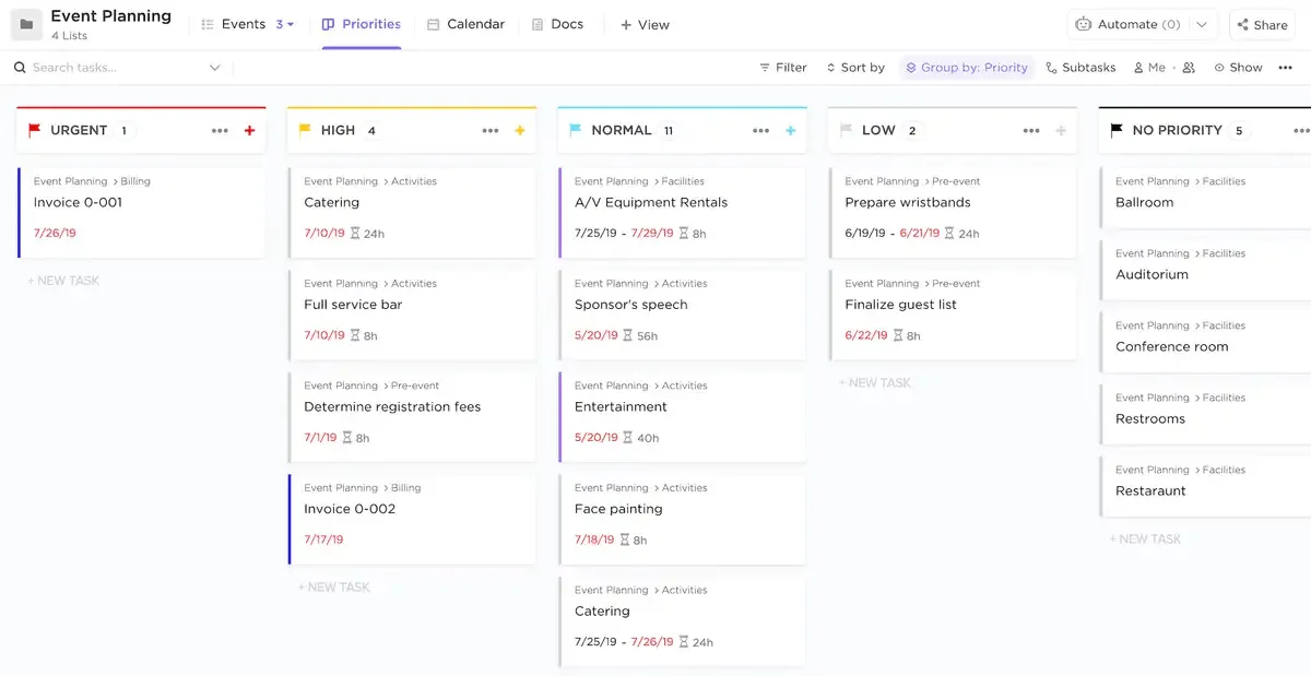 Modelo de planejamento de eventos do ClickUp