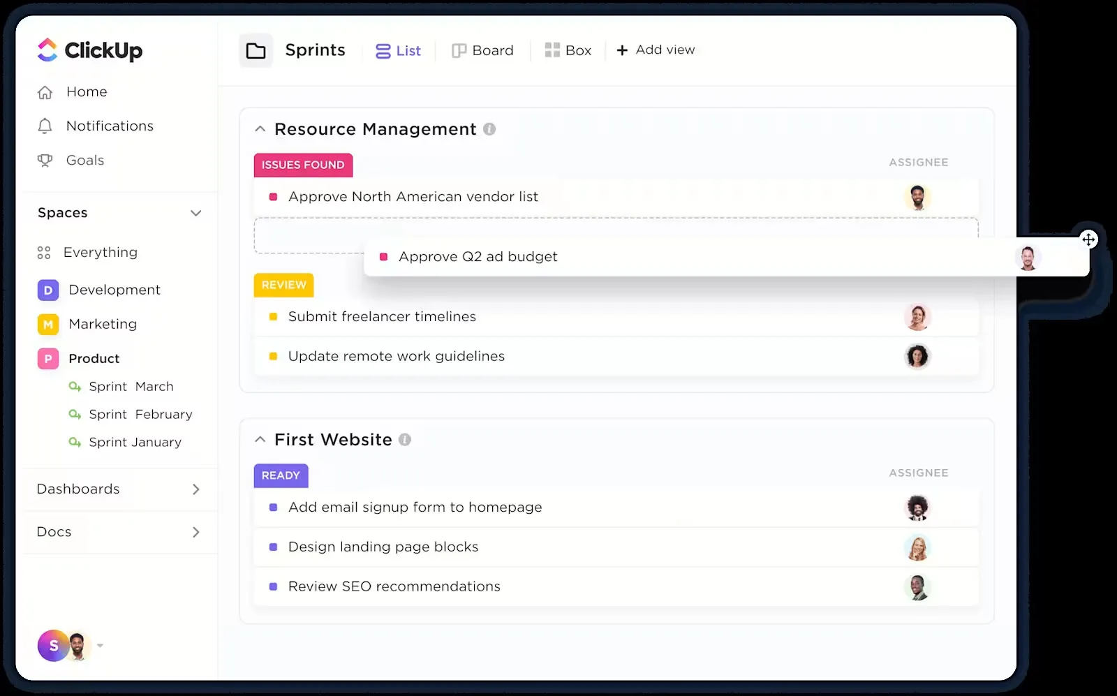 Créez des tâches avec des sous-tâches et des checklists avec ClickUp pour l'équipe commerciale.