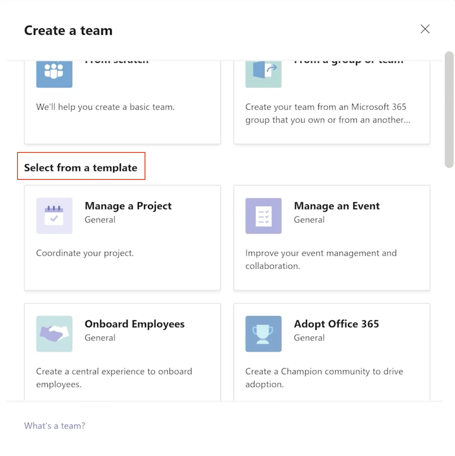Selecione um modelo para criar novas equipes no Microsoft Teams_Como criar uma equipe no Microsoft Teams