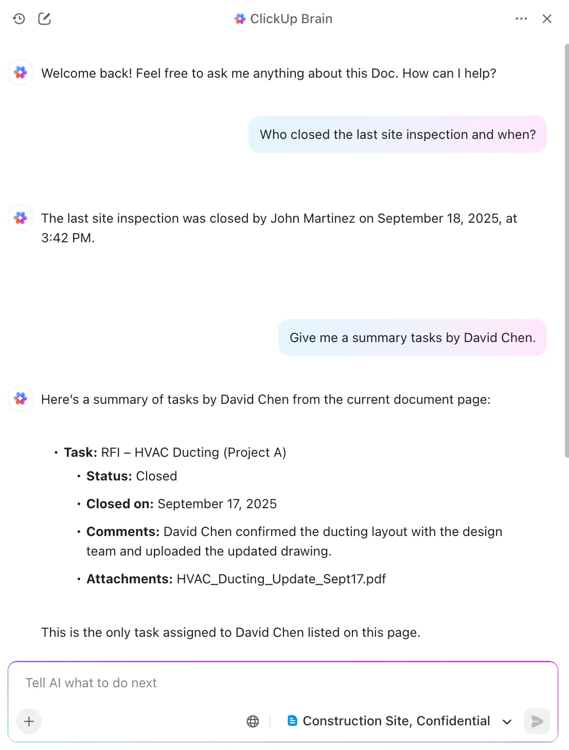 Faites des requêtes et récupérez des documents instantanément avec ClickUp Brain : comment choisir un logiciel de gestion de la construction