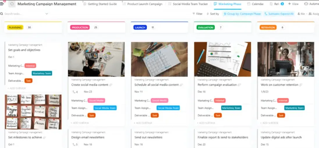 O modelo de gerenciamento de campanhas de marketing da ClickUp foi projetado para ajudá-lo a gerenciar campanhas de marketing do início ao fim.