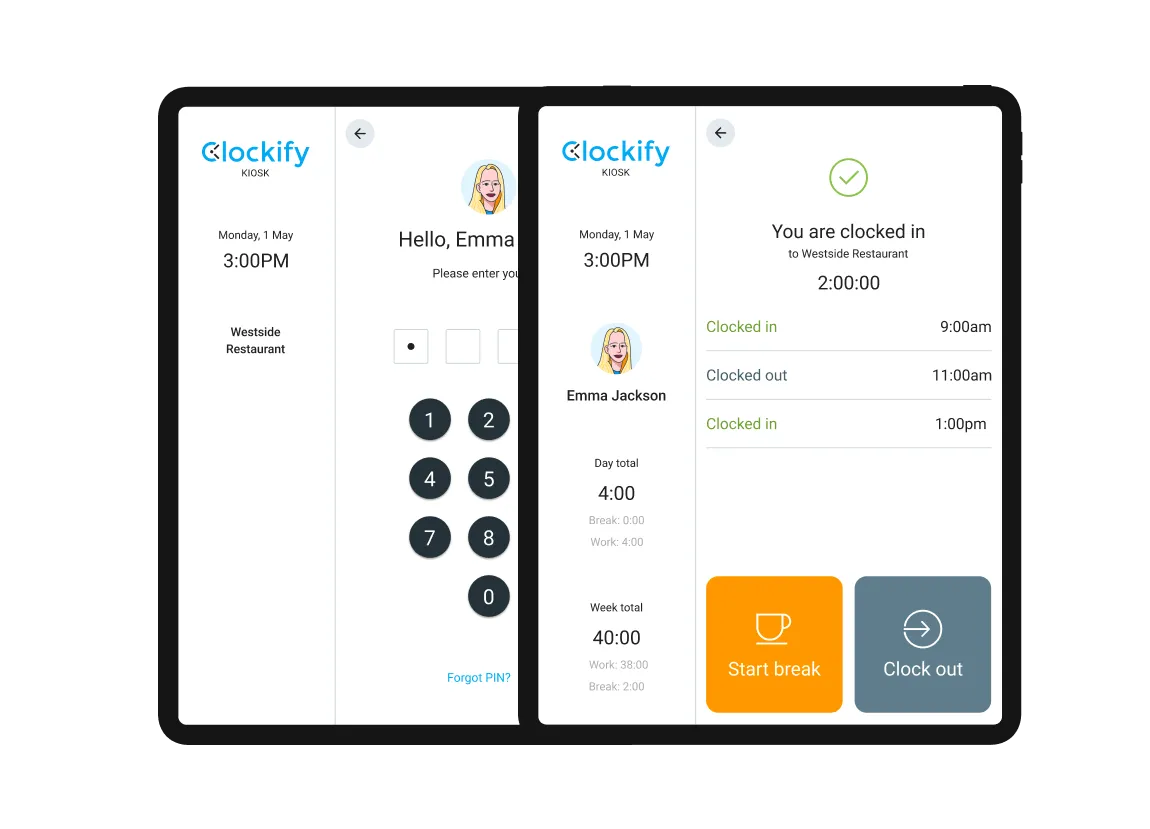 Ví dụ về tính năng kiosk của Clockify