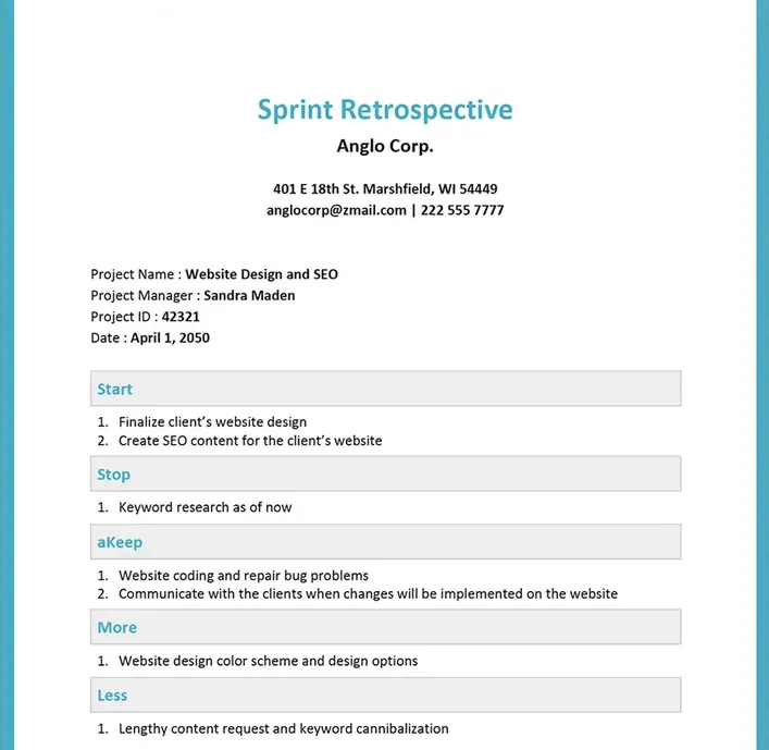 Plantilla de retrospectiva de sprint para Microsoft Word