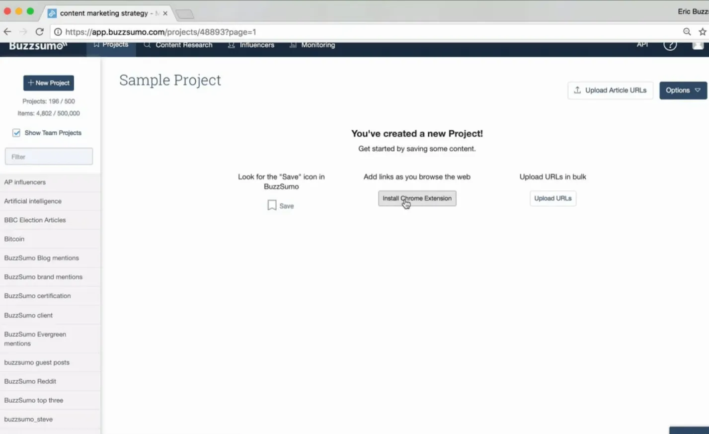 Erstellen eines Beispiel-Projekts in Buzzsumo