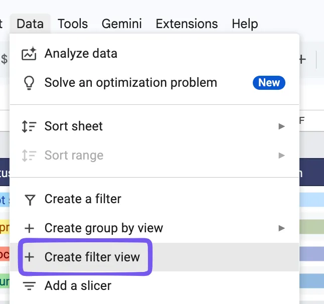 Dati > Crea vista con filtro: Project management in Fogli Google