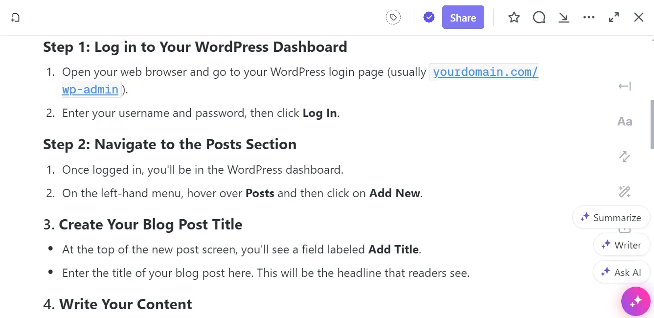 Phác thảo và viết hướng dẫn từng bước của bạn trong Tài liệu ClickUp