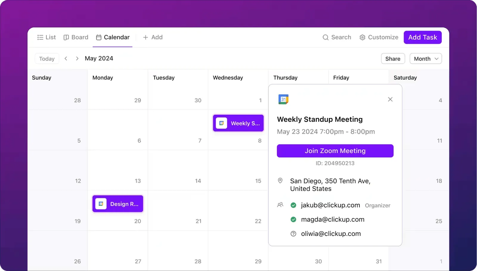 Calendrier ClickUp
