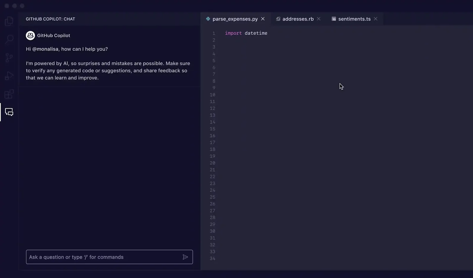 AI 지원 코딩 및 테스트 생성 기능을 보여주는 GitHub Copilot 제품 인터페이스