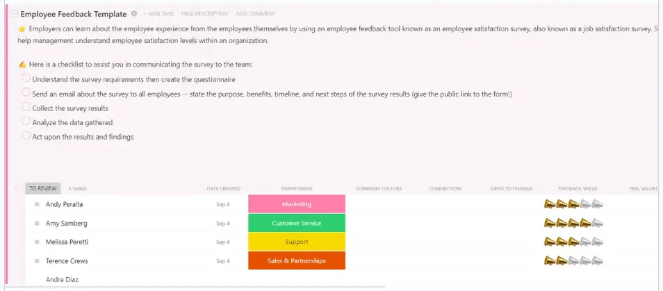 Die ClickUp-Vorlage für Mitarbeiterfeedback bietet eine Plattform für offene und ehrliche Unterhaltungen zwischen Führungskräften und Mitarbeitern.