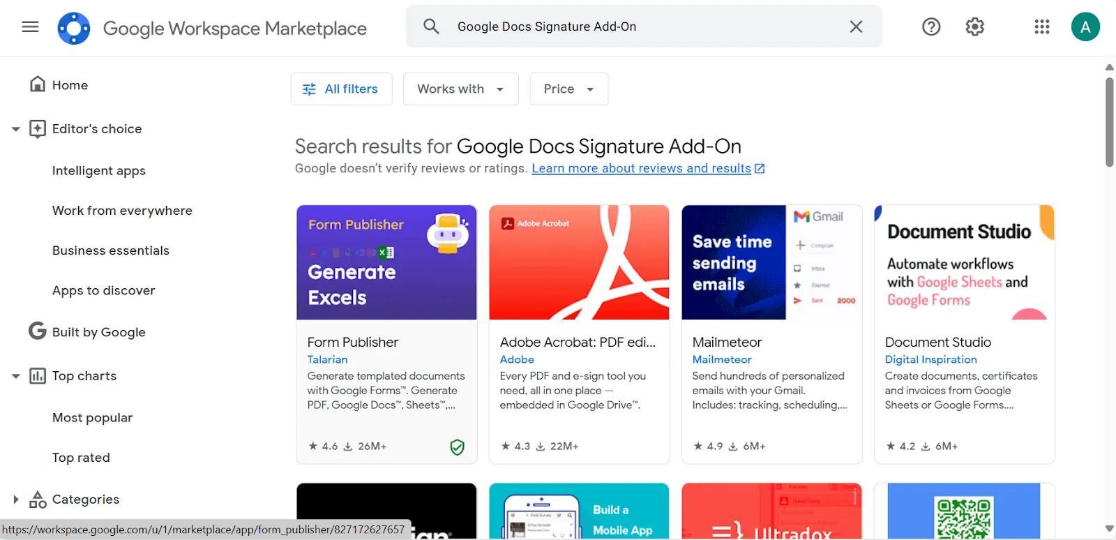 Google Workplace Marketplace für das Add-On „Google Docs Signatur“