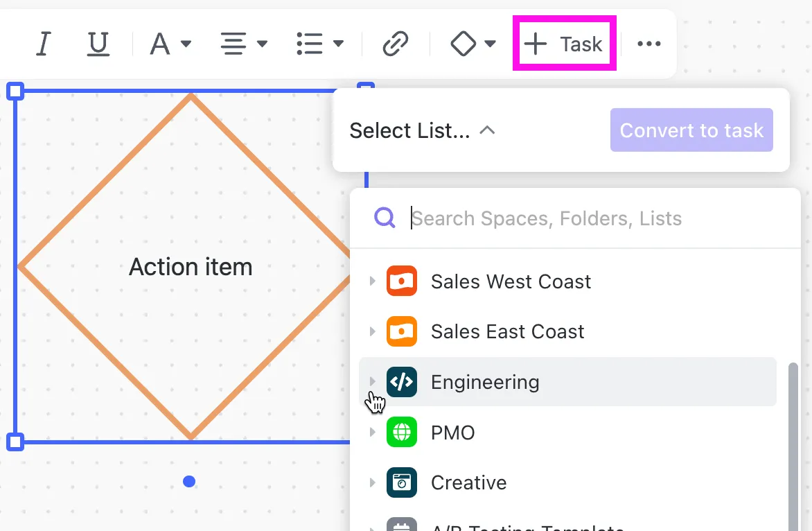 Alternativa k diagramům Visio: Přiřazujte úkoly na tabuli ClickUp