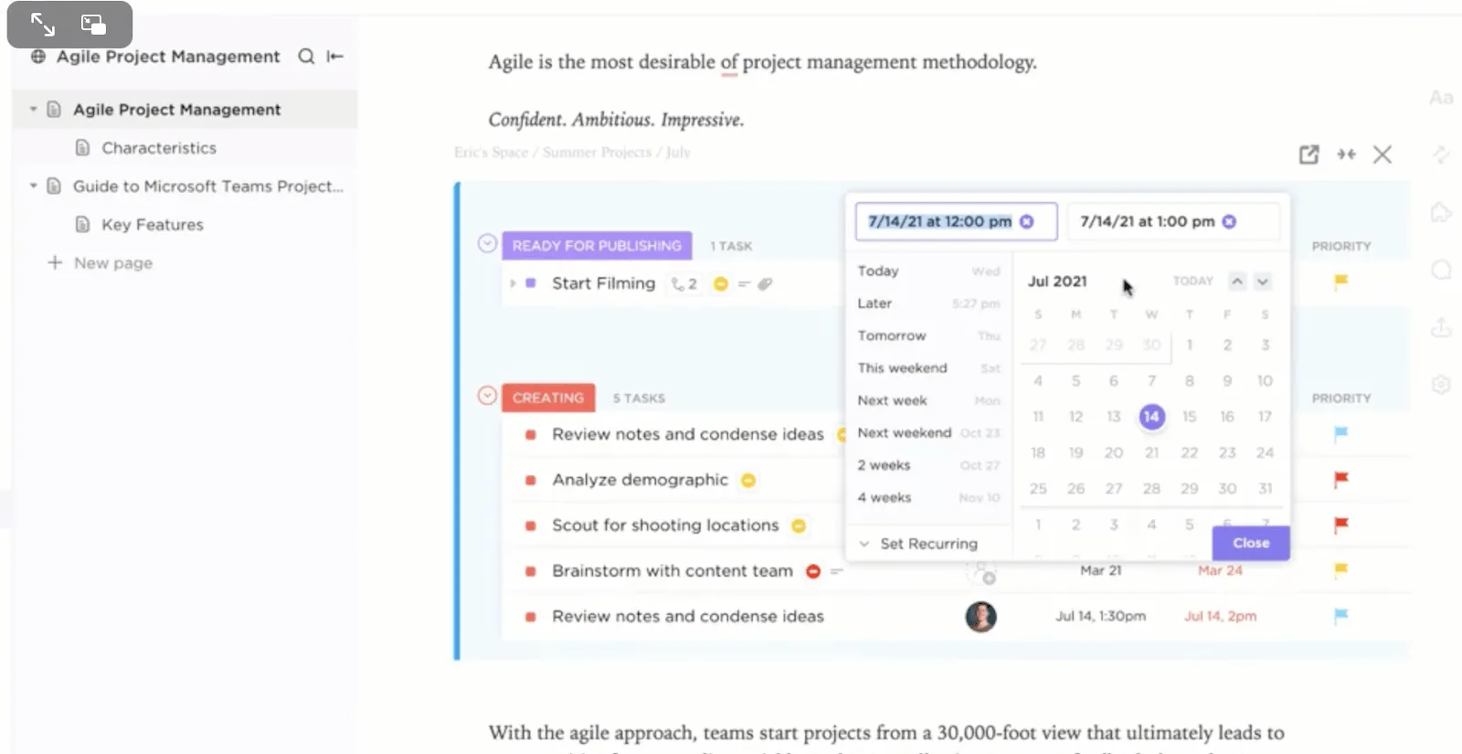 ClickUp Docs: anúncio organizacional