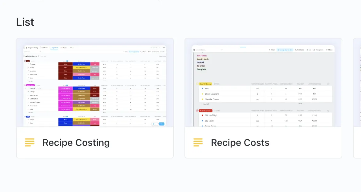 Modèles Notion esthétiques : maîtrisez la préparation des repas et organisez vos recettes en un seul endroit grâce au modèle de recette ClickUp.