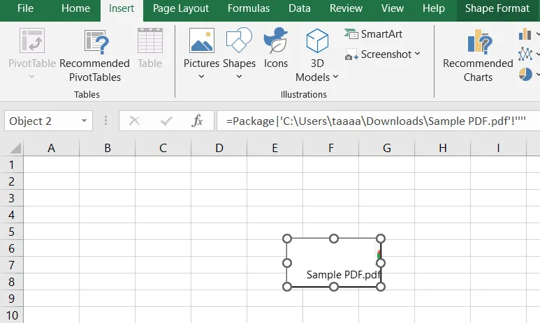 Klicken Sie auf „OK“, und Ihr eingebettetes PDF-Dokument ist nun Teil der Excel-Tabelle.