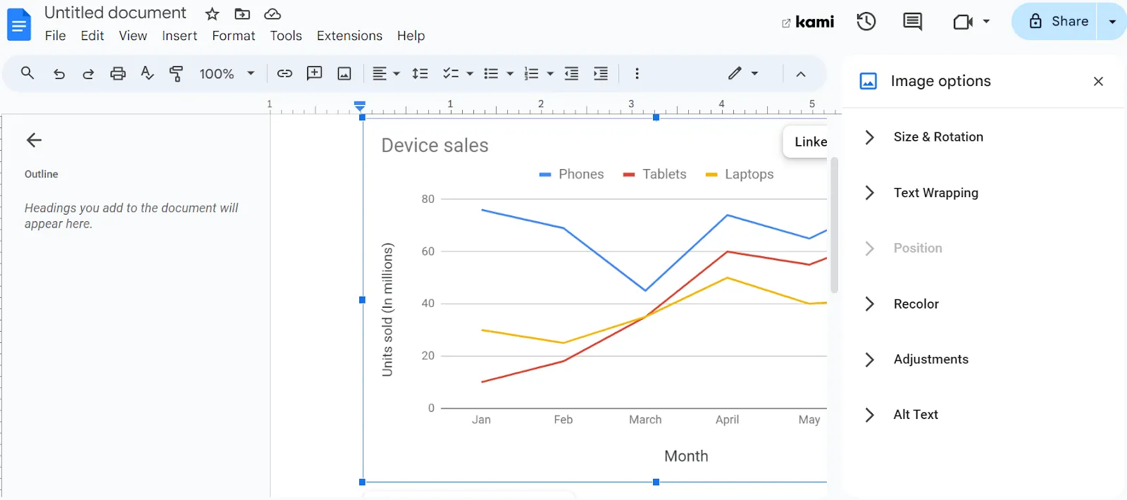Google Dokümanlar'da grafik oluşturma Adım 6: Google Dokümanlar'da grafiği ayarlamak için görüntü seçenekleri