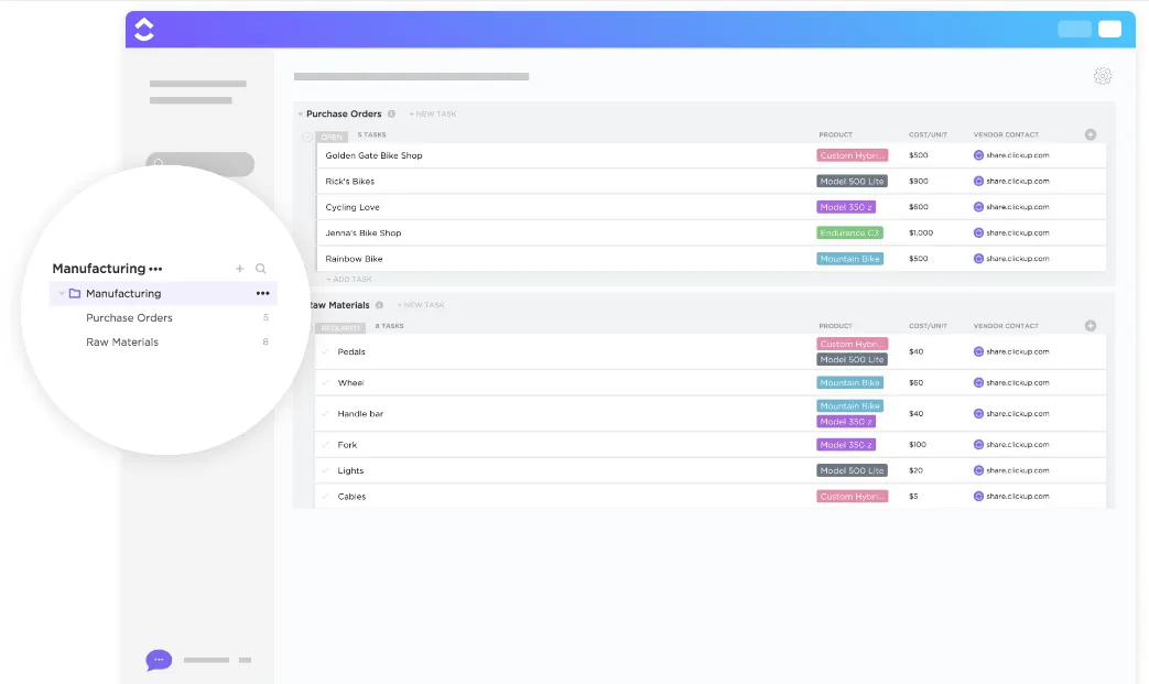 ClickUp-Vorlage für die Auftragsabwicklung Bestellvorlage Excel
