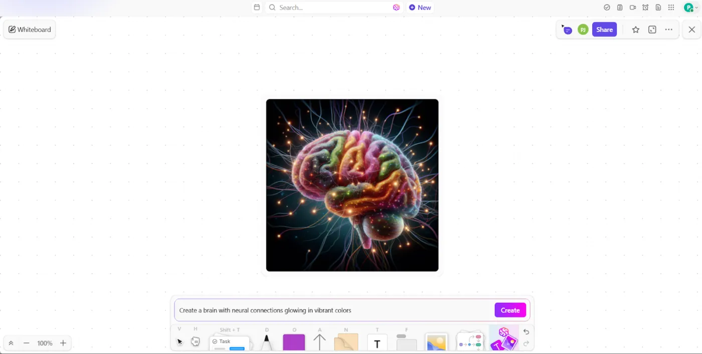 Genera immagini in base ai prompt per un brainstorming più efficace all'interno delle lavagne online di ClickUp: l'IA per la gestione del flusso di lavoro