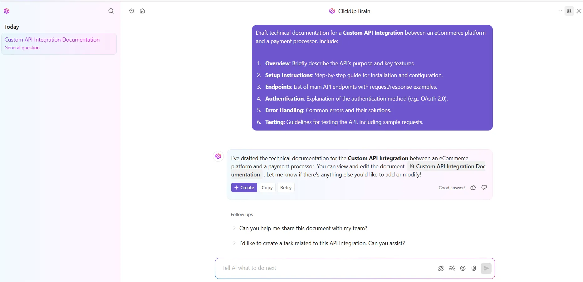 Fordern Sie ClickUp Brain auf, technische Inhalte zu generieren.