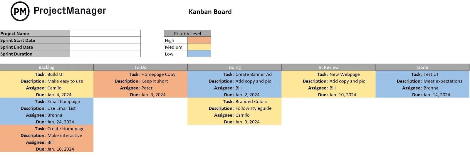 Modèle Excel de tableau Kanban par ProjectManager