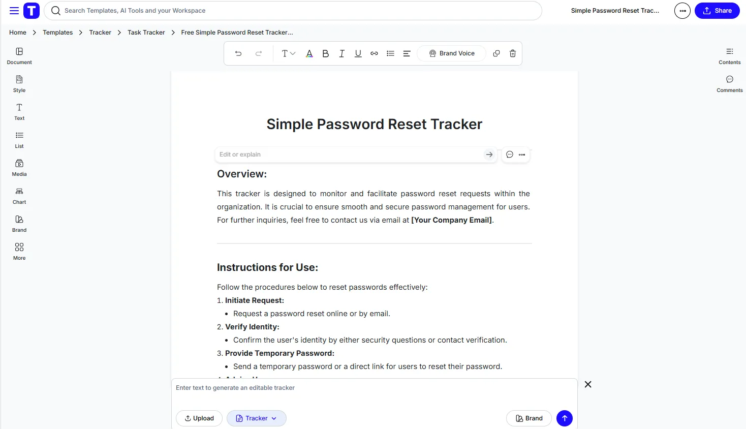 Tracker per il ripristino delle password di Template.net