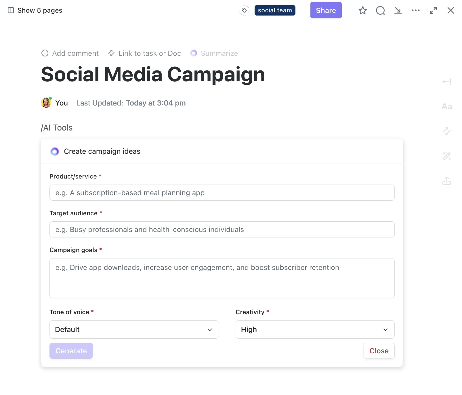 Erstellen einer Social-Media-Kampagne mit ClickUp AI