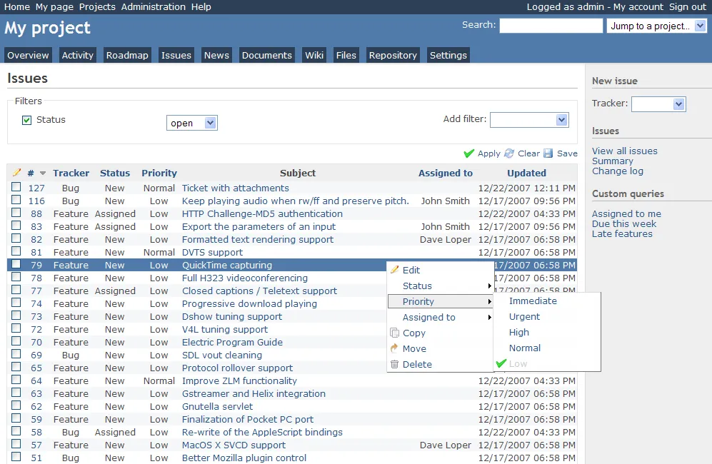 Ví dụ về Redmine
