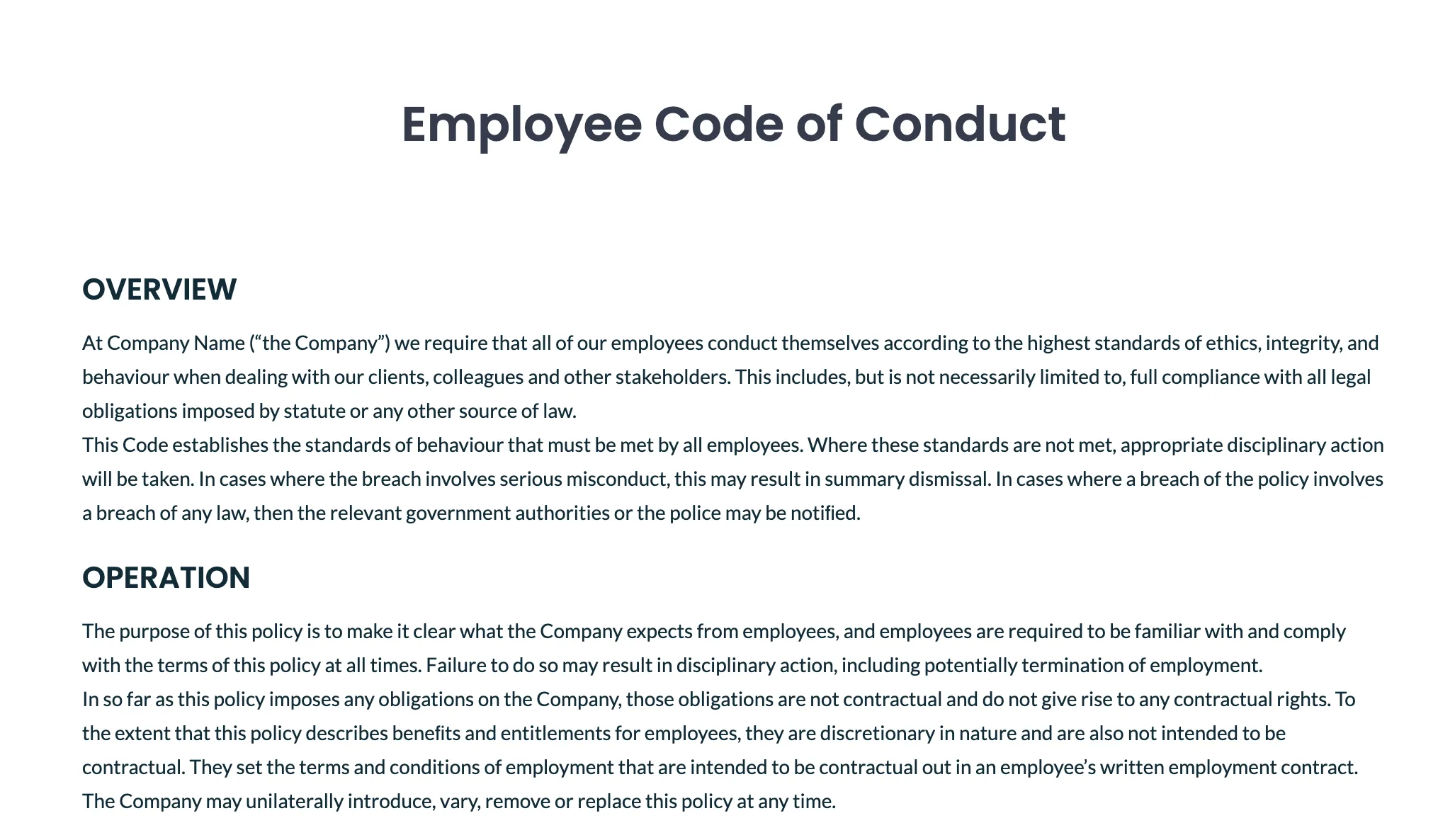 Plantilla de código de conducta para empleados de Microsoft Word, creada por Simul.